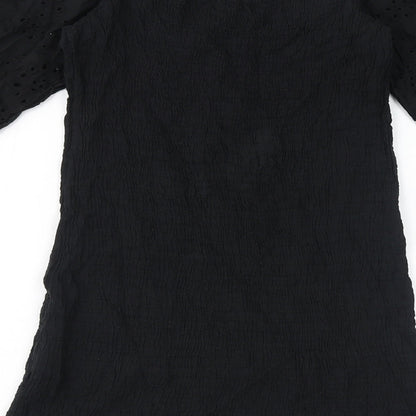 Boohoo Womens Black Cotton Mini Size 8 Off the Shoulder Pullover - Broderie Anglaise, Shirred