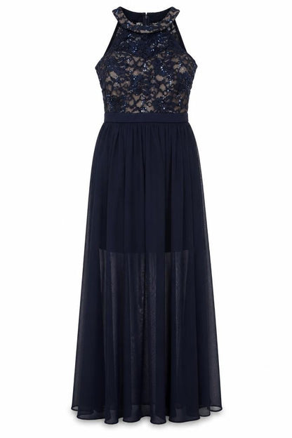 Morgan & Co. Womens Blue Nylon A-Line Size 6 Halter Zip - Sheer, Sequins, Mesh