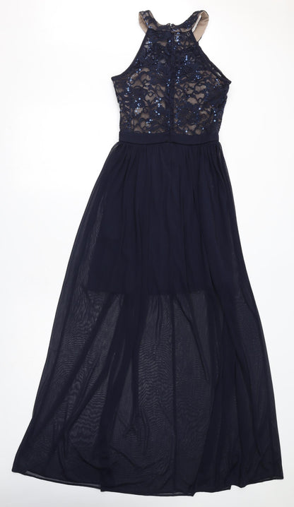 Morgan & Co. Womens Blue Nylon A-Line Size 6 Halter Zip - Sheer, Sequins, Mesh
