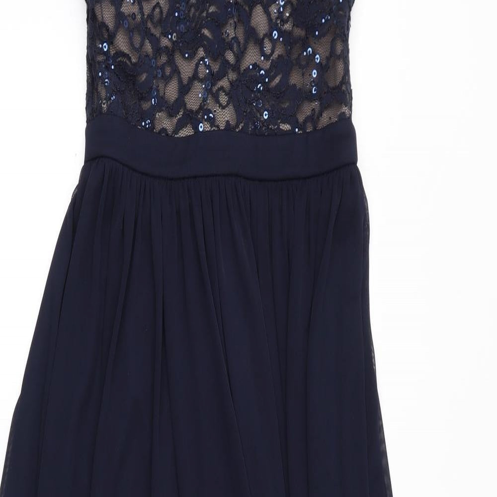 Morgan & Co. Womens Blue Nylon A-Line Size 6 Halter Zip - Sheer, Sequins, Mesh