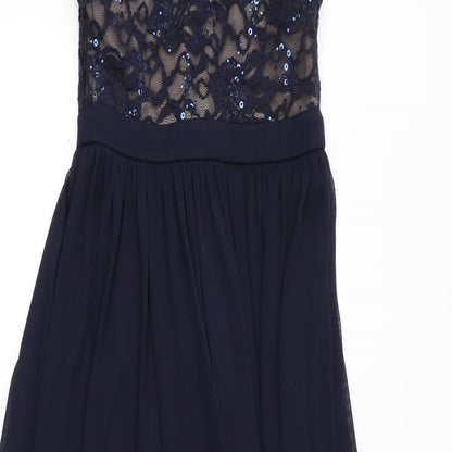 Morgan & Co. Womens Blue Nylon A-Line Size 6 Halter Zip - Sheer, Sequins, Mesh