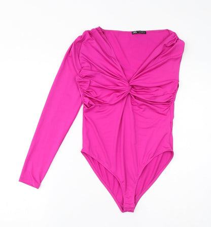 Zara Womens Pink Polyester Bodysuit One-Piece Size S Button - Twist Detail