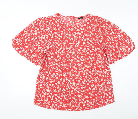 M&Co Womens Red Floral Polyester Basic Blouse Size 12 Round Neck