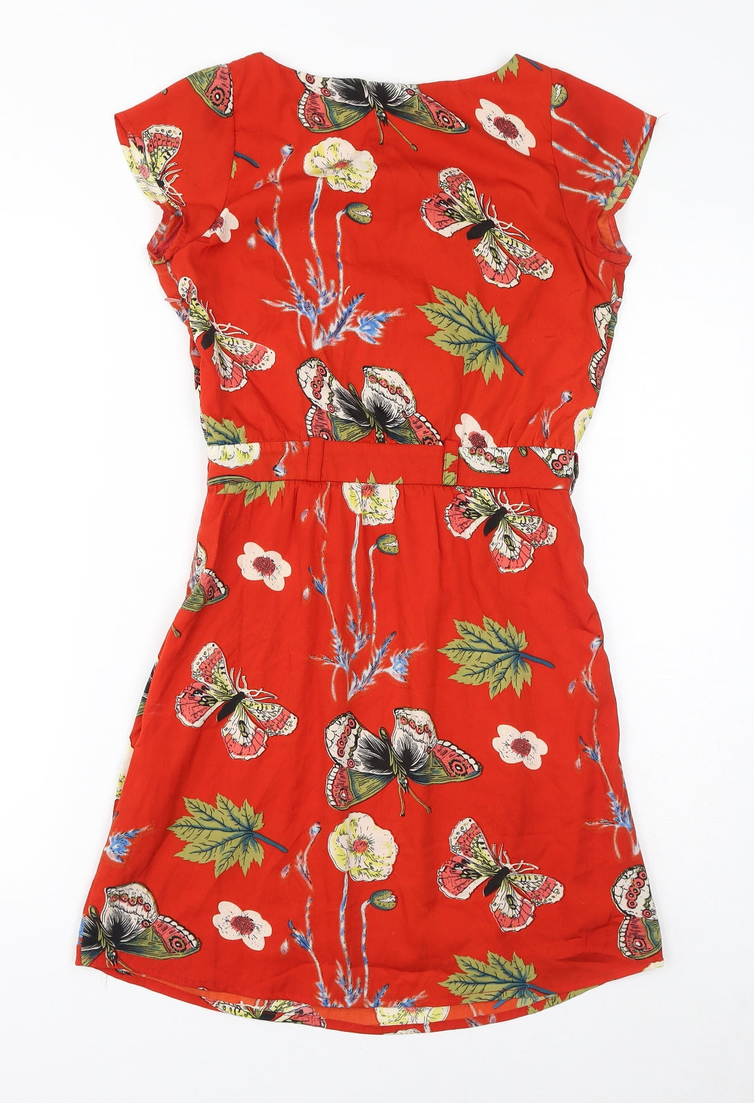 Mela London Womens Red Floral Polyester A-Line Size 8 Round Neck Zip - Butterflies