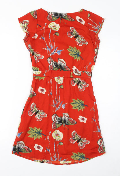 Mela London Womens Red Floral Polyester A-Line Size 8 Round Neck Zip - Butterflies