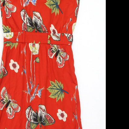 Mela London Womens Red Floral Polyester A-Line Size 8 Round Neck Zip - Butterflies