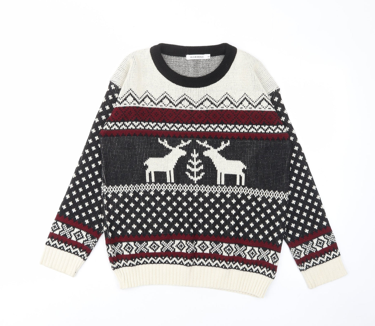 Glamorous Womens Multicoloured Crew Neck Geometric Acrylic Pullover Jumper Size S - Reindeers
