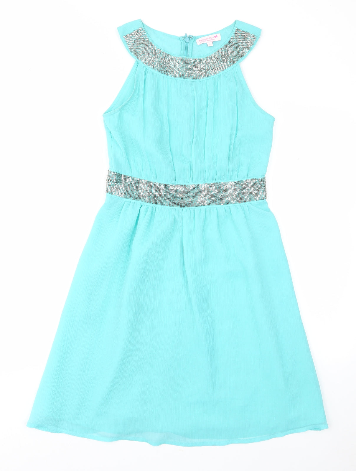 Matthew Williamson Womens Blue Polyester Fit & Flare Size 8 Crew Neck Zip - Pleated, Beaded