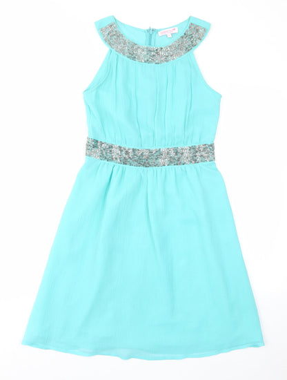 Matthew Williamson Womens Blue Polyester Fit & Flare Size 8 Crew Neck Zip - Pleated, Beaded
