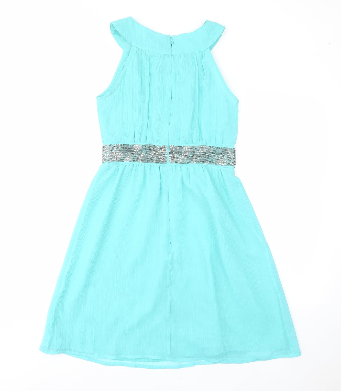 Matthew Williamson Womens Blue Polyester Fit & Flare Size 8 Crew Neck Zip - Pleated, Beaded