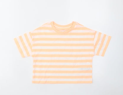 Marks and Spencer Girls Orange Striped Cotton Cropped T-Shirt Size 6-7 Years Crew Neck Pullover