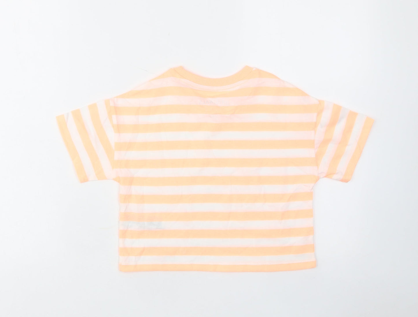 Marks and Spencer Girls Orange Striped Cotton Cropped T-Shirt Size 6-7 Years Crew Neck Pullover