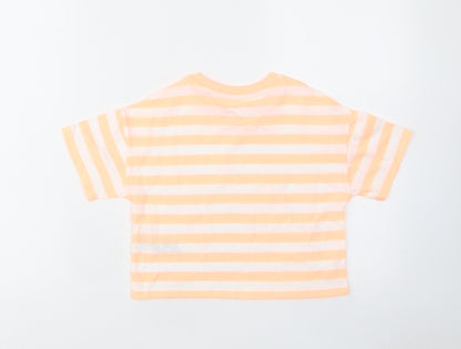 Marks and Spencer Girls Orange Striped Cotton Cropped T-Shirt Size 6-7 Years Crew Neck Pullover