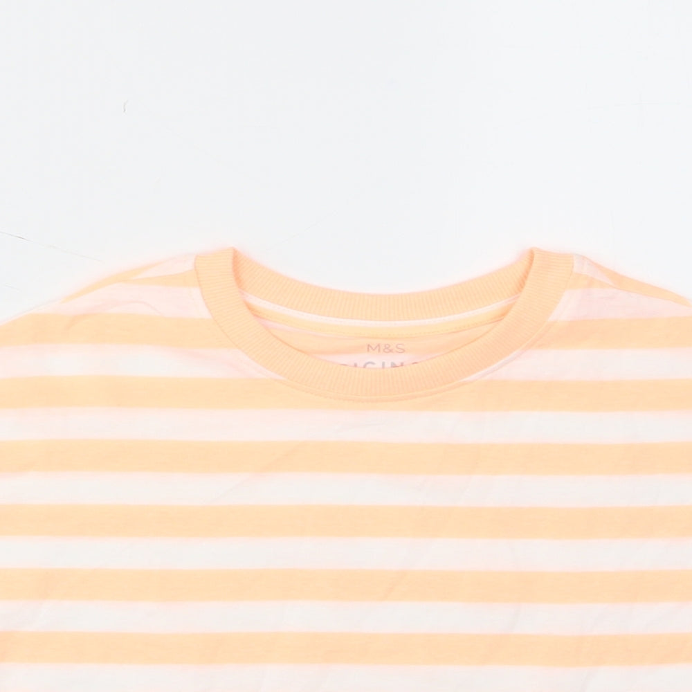 Marks and Spencer Girls Orange Striped Cotton Cropped T-Shirt Size 6-7 Years Crew Neck Pullover