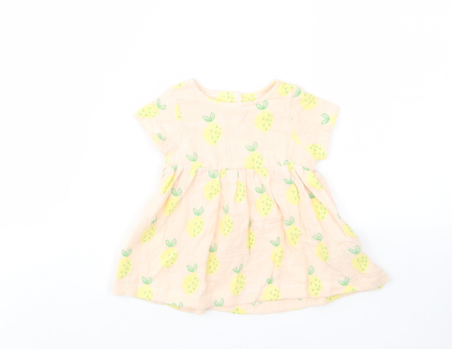 Marks and Spencer Girls Beige Geometric Cotton A-Line Size 0-3 Months Crew Neck Button - Lemon Print