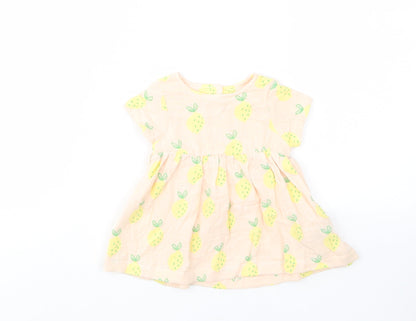 Marks and Spencer Girls Beige Geometric Cotton A-Line Size 0-3 Months Crew Neck Button - Lemon Print