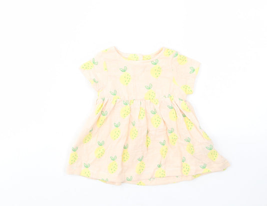 Marks and Spencer Girls Beige Geometric Cotton A-Line Size 0-3 Months Crew Neck Button - Lemon Print