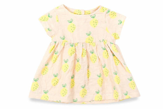 Marks and Spencer Girls Beige Geometric Cotton A-Line Size 0-3 Months Crew Neck Button - Lemon Print