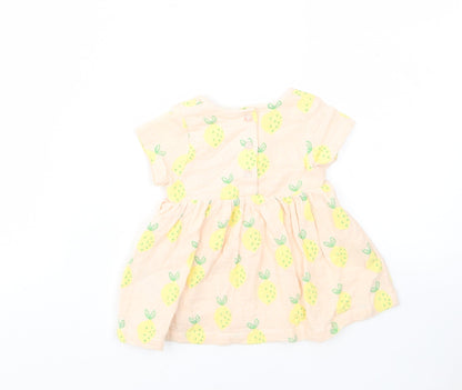 Marks and Spencer Girls Beige Geometric Cotton A-Line Size 0-3 Months Crew Neck Button - Lemon Print