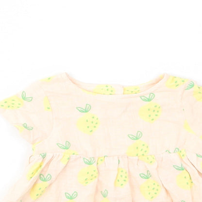 Marks and Spencer Girls Beige Geometric Cotton A-Line Size 0-3 Months Crew Neck Button - Lemon Print