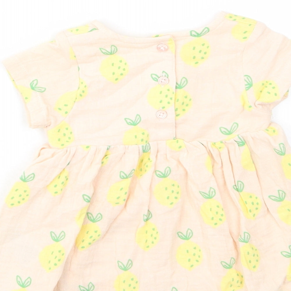 Marks and Spencer Girls Beige Geometric Cotton A-Line Size 0-3 Months Crew Neck Button - Lemon Print
