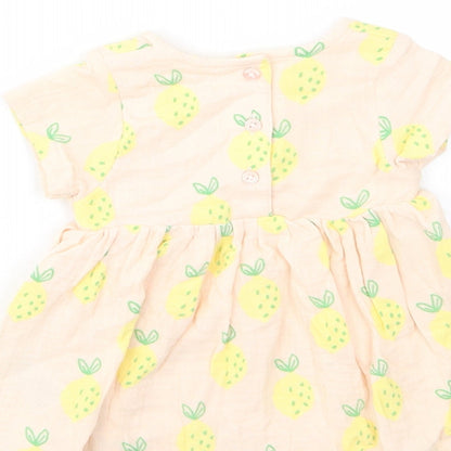 Marks and Spencer Girls Beige Geometric Cotton A-Line Size 0-3 Months Crew Neck Button - Lemon Print