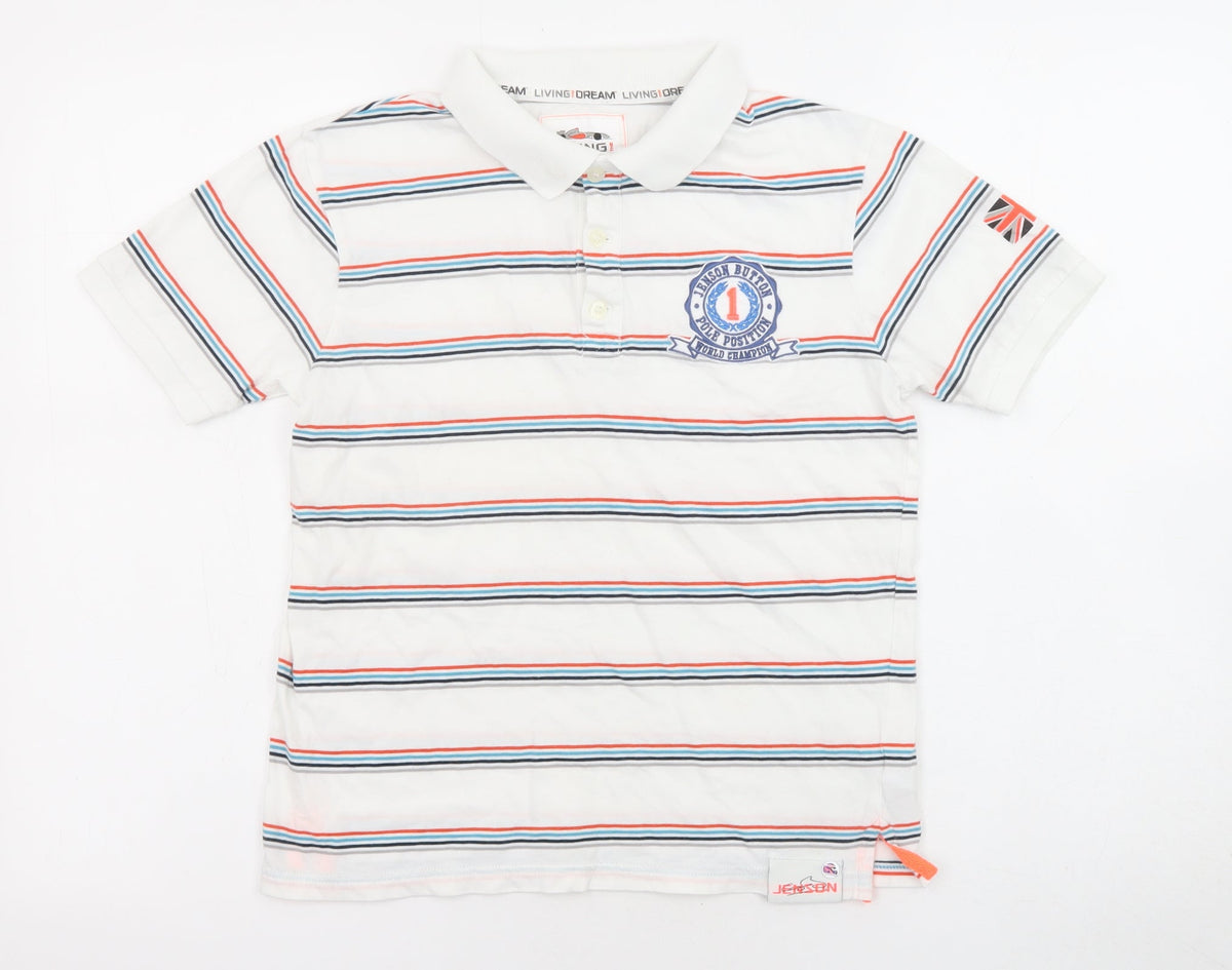 Marks & Spencer Boys White Striped Cotton Basic Polo Size 9-10 Years Collared Button