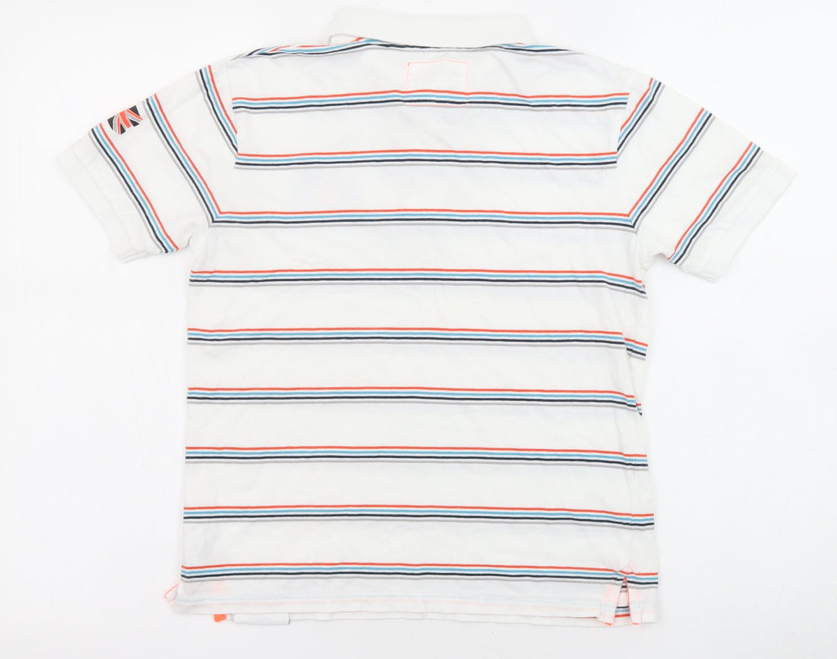 Marks & Spencer Boys White Striped Cotton Basic Polo Size 9-10 Years Collared Button