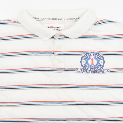 Marks & Spencer Boys White Striped Cotton Basic Polo Size 9-10 Years Collared Button