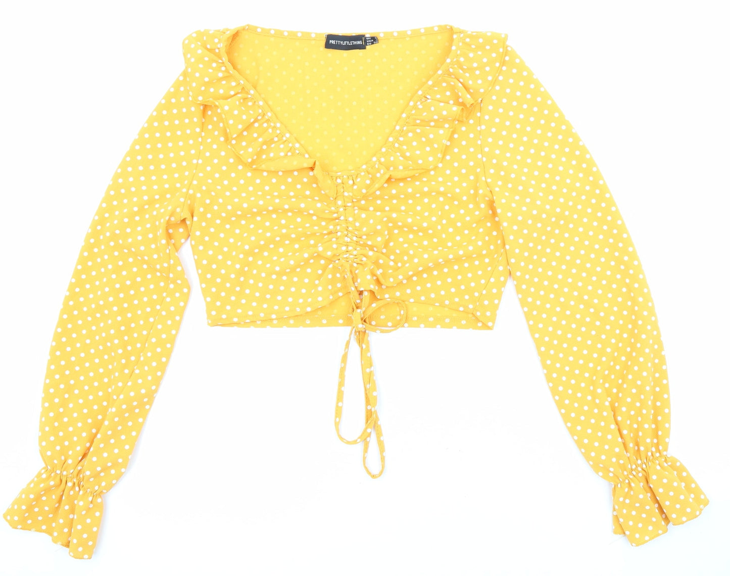 Boohoo Womens Yellow Polka Dot Polyester Cropped Blouse Size 8 V-Neck