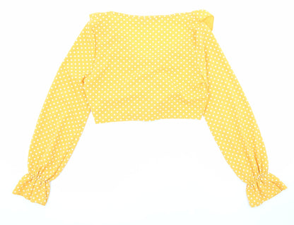 Boohoo Womens Yellow Polka Dot Polyester Cropped Blouse Size 8 V-Neck