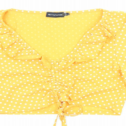 Boohoo Womens Yellow Polka Dot Polyester Cropped Blouse Size 8 V-Neck