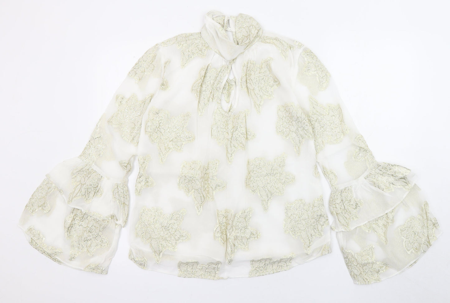 Miss Selfridge Womens White Floral Viscose Basic Blouse Size 6 Halter - Flared and layered sleeves