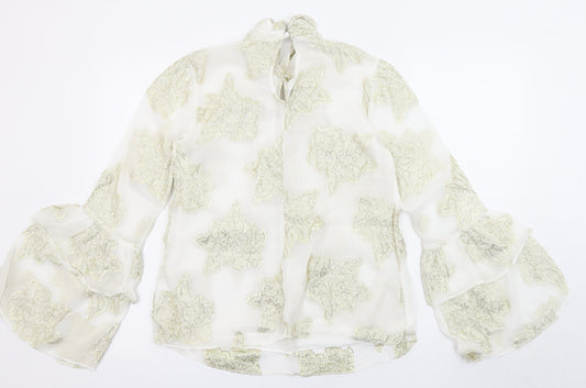 Miss Selfridge Womens White Floral Viscose Basic Blouse Size 6 Halter - Flared and layered sleeves