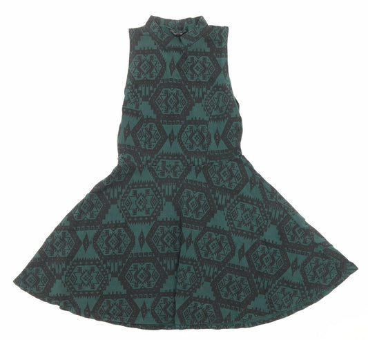 Topshop Womens Green Geometric Cotton Fit & Flare Size 10 Halter Pullover