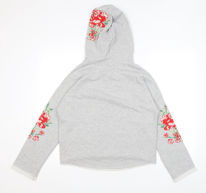 H&M Womens Grey Cotton Pullover Hoodie Size XS Pullover - Embroidery Roses
