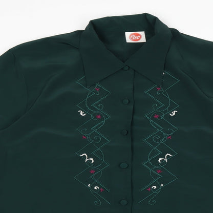 Cleo Womens Green Geometric Polyester Basic Button-Up Size 10 Collared - Embroidery