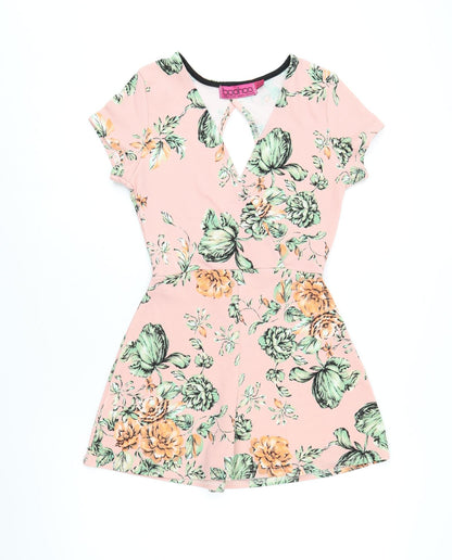 Boohoo Womens Pink Floral Polyester Playsuit One-Piece Size 8 L3 in Pullover - Open Back