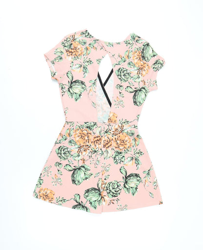 Boohoo Womens Pink Floral Polyester Playsuit One-Piece Size 8 L3 in Pullover - Open Back