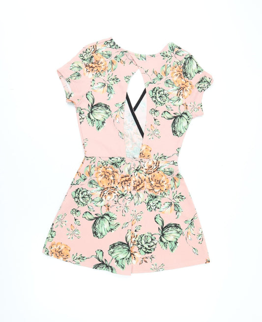 Boohoo Womens Pink Floral Polyester Playsuit One-Piece Size 8 L3 in Pullover - Open Back