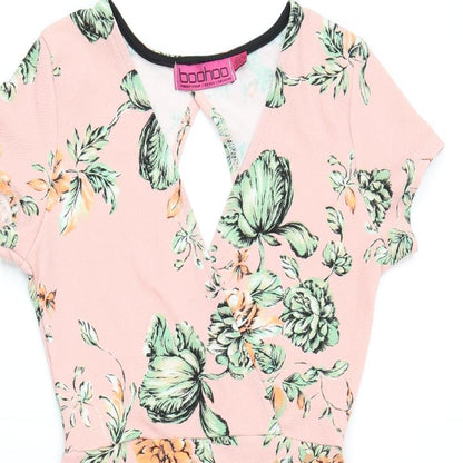 Boohoo Womens Pink Floral Polyester Playsuit One-Piece Size 8 L3 in Pullover - Open Back