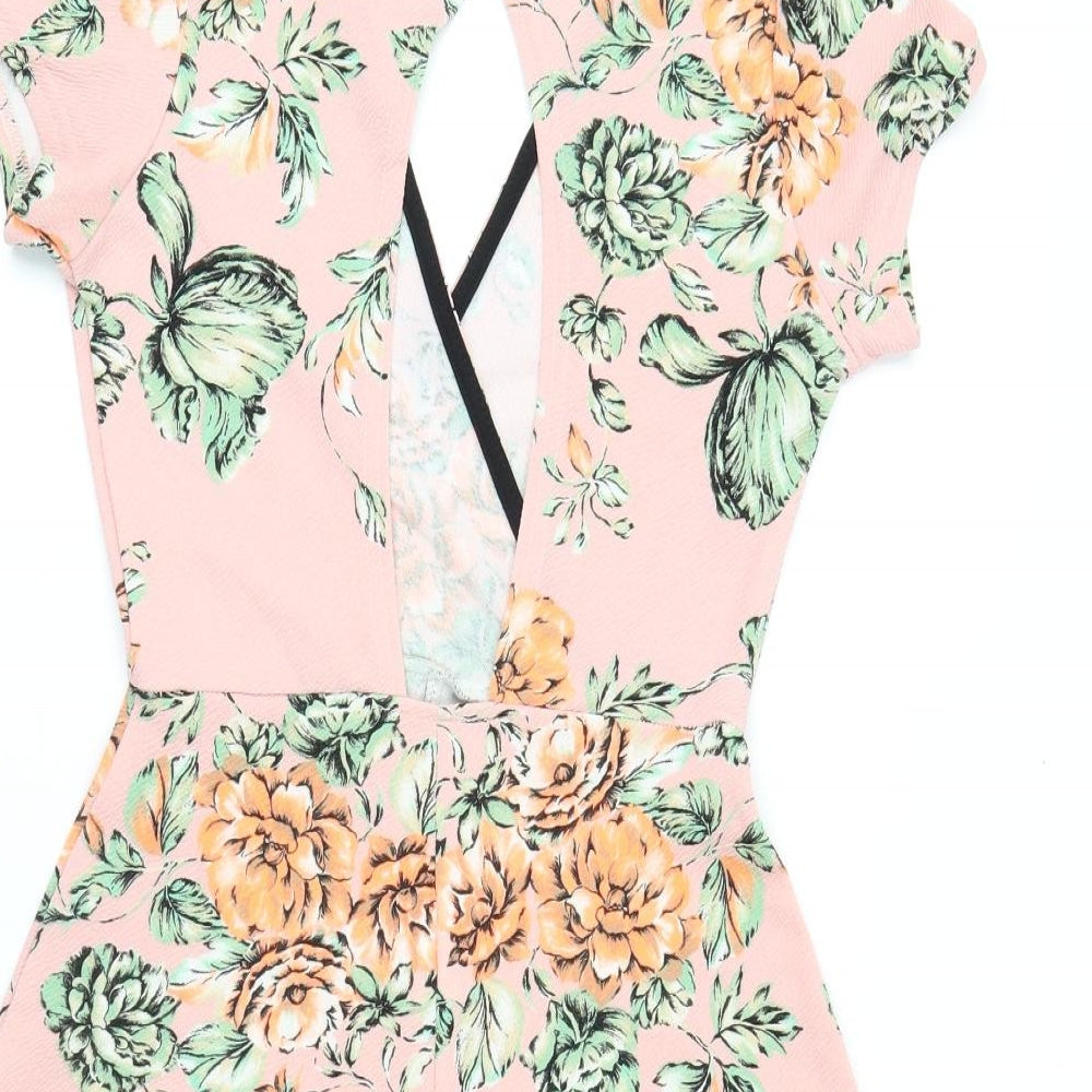 Boohoo Womens Pink Floral Polyester Playsuit One-Piece Size 8 L3 in Pullover - Open Back