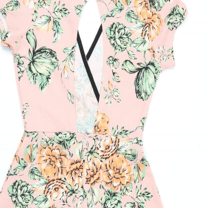 Boohoo Womens Pink Floral Polyester Playsuit One-Piece Size 8 L3 in Pullover - Open Back