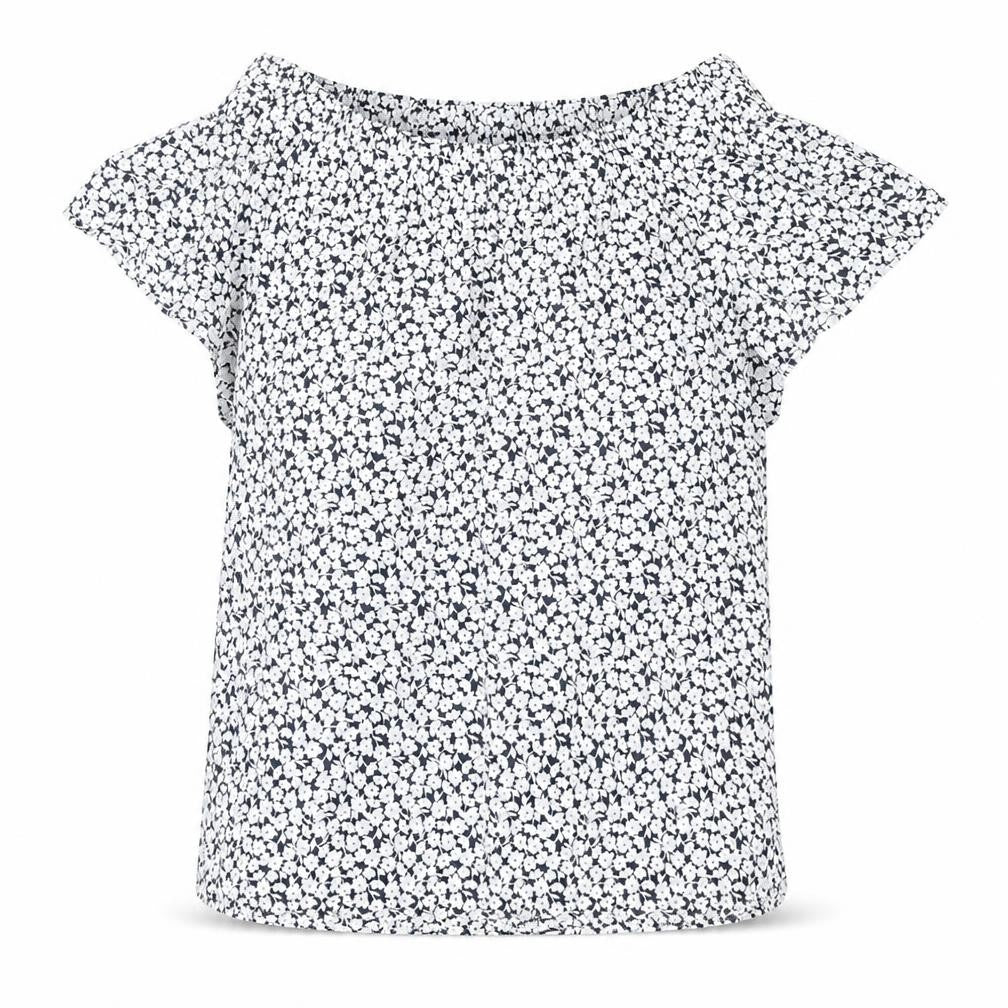 Front view of L.O.G.G women’s white floral cotton basic blouse, size UK 4, off the shoulder