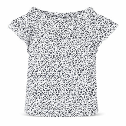 Front view of L.O.G.G women’s white floral cotton basic blouse, size UK 4, off the shoulder