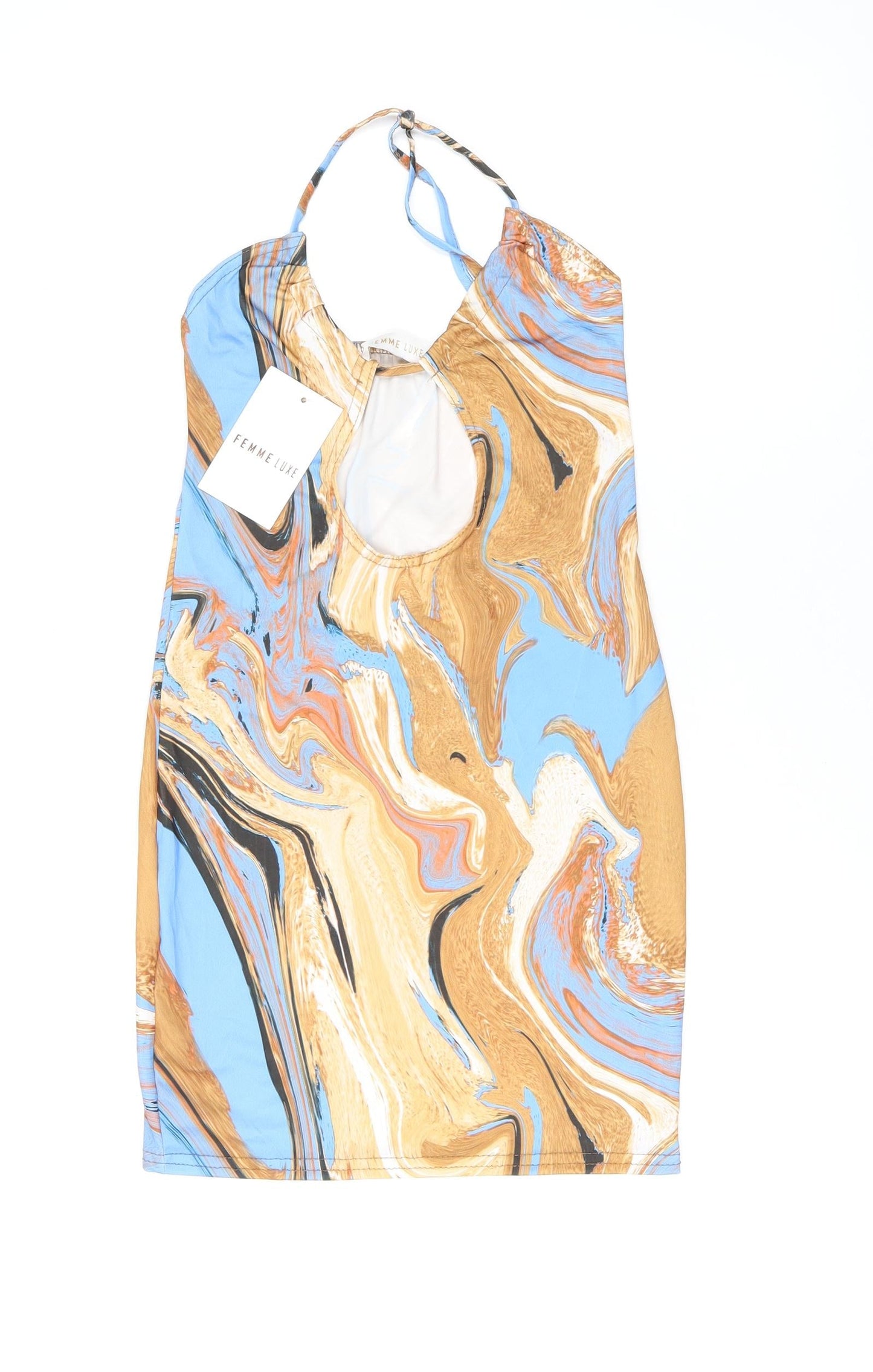 Femme Luxe Womens Multicoloured Geometric Polyester Bodycon Size 6 V-Neck Tie - Slinky Marble Print, Keyhole Neck