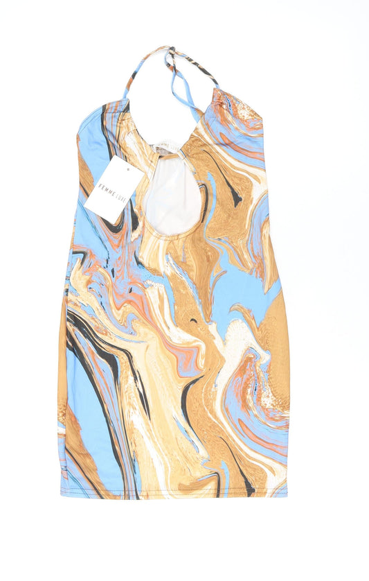 Femme Luxe Womens Multicoloured Geometric Polyester Bodycon Size 6 V-Neck Tie - Slinky Marble Print, Keyhole Neck