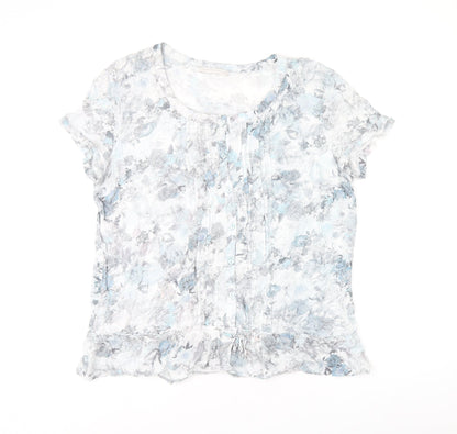 Armand Thiery Womens Blue Floral Viscose Basic T-Shirt Size 6 Scoop Neck