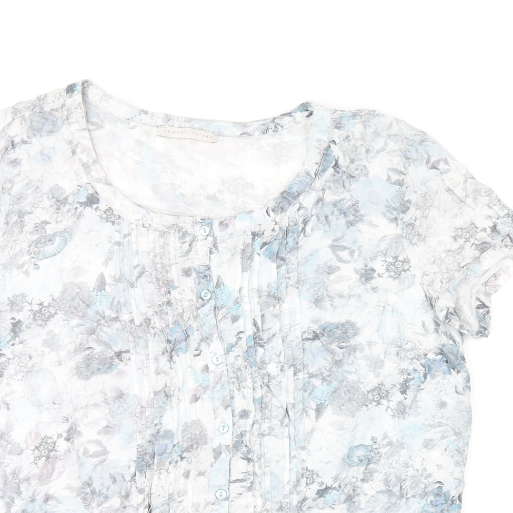 Armand Thiery Womens Blue Floral Viscose Basic T-Shirt Size 6 Scoop Neck