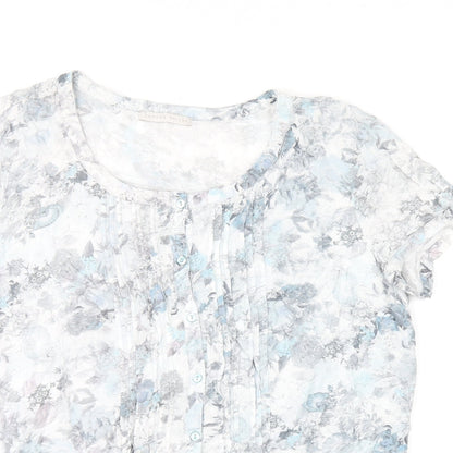 Armand Thiery Womens Blue Floral Viscose Basic T-Shirt Size 6 Scoop Neck